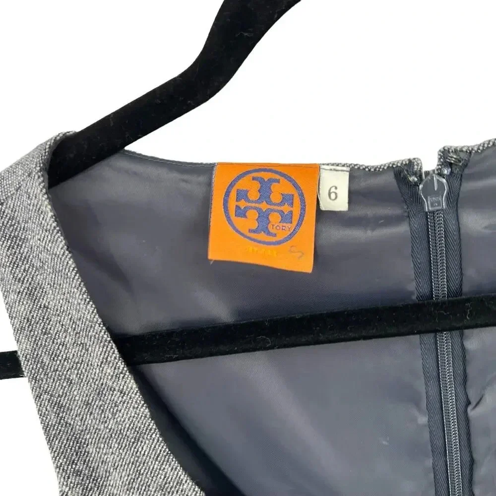 Tory Burch Navy Blue‎ Tweed Dress Chevron Hem Suede Leather Accents Size 6